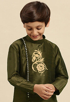 Embroidered Dupion Silk Kurta Set in Olive Green