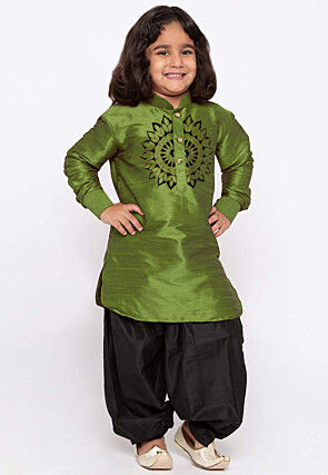 Embroidered Dupion Silk Kurta Set in Olive Green
