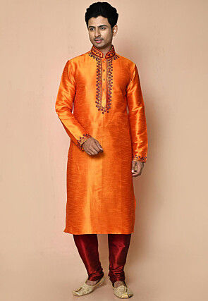 Embroidered Dupion Silk Kurta Set in Orange