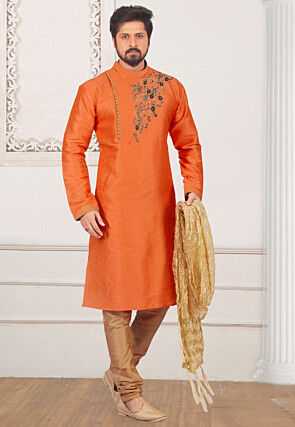 Embroidered Dupion Silk Kurta Set in Orange