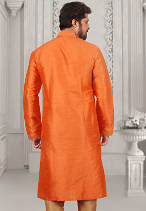 Embroidered Dupion Silk Kurta Set in Orange
