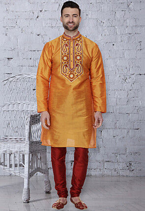 Embroidered Dupion Silk Kurta Set in Orange