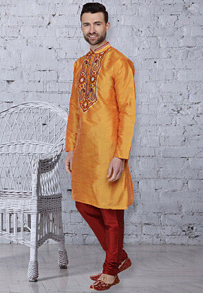 Embroidered Dupion Silk Kurta Set in Orange