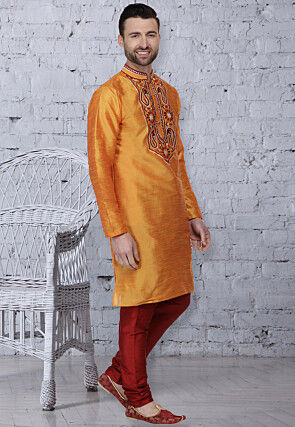 Embroidered Dupion Silk Kurta Set in Orange