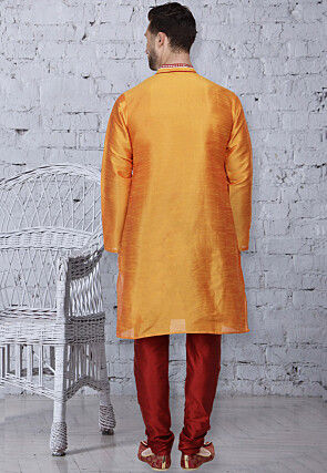 Embroidered Dupion Silk Kurta Set in Orange