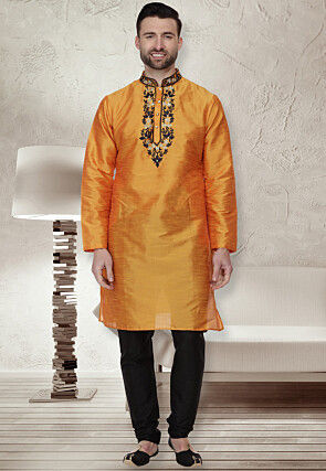 Embroidered Dupion Silk Kurta Set in Orange