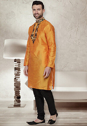 Embroidered Dupion Silk Kurta Set in Orange