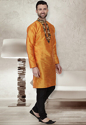 Embroidered Dupion Silk Kurta Set in Orange