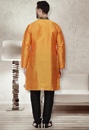 Embroidered Dupion Silk Kurta Set in Orange