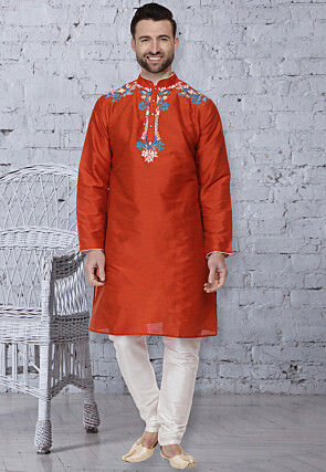 Embroidered Dupion Silk Kurta Set in Orange