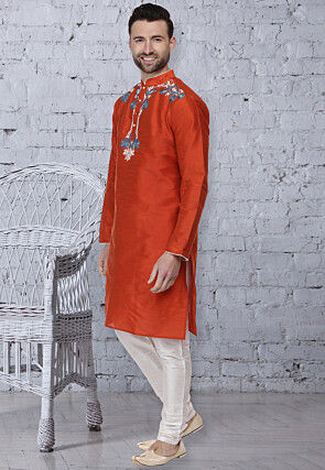 Embroidered Dupion Silk Kurta Set in Orange
