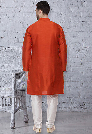 Embroidered Dupion Silk Kurta Set in Orange