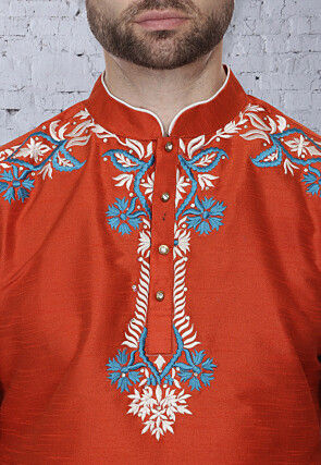 Embroidered Dupion Silk Kurta Set in Orange