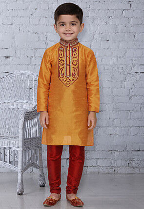 Embroidered Dupion Silk Kurta Set in Orange