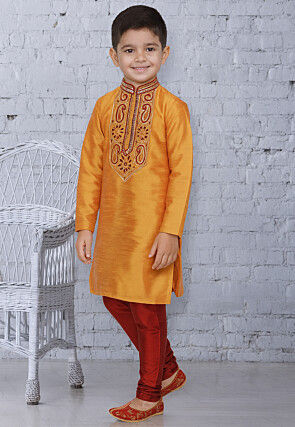 Embroidered Dupion Silk Kurta Set in Orange