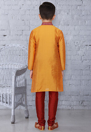 Embroidered Dupion Silk Kurta Set in Orange