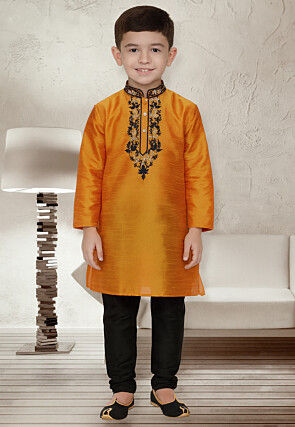 Embroidered Dupion Silk Kurta Set in Orange