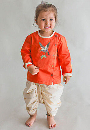 Embroidered Dupion Silk Kurta Set in Orange
