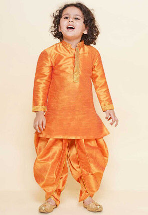 Embroidered Dupion Silk Kurta Set in Orange