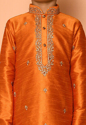 Embroidered Dupion Silk Kurta Set in Orange