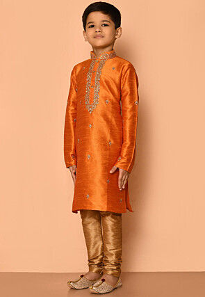 Embroidered Dupion Silk Kurta Set in Orange