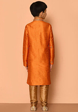 Embroidered Dupion Silk Kurta Set in Orange