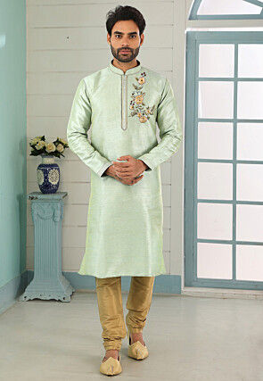 Embroidered Dupion Silk Kurta Set in Pastel Green