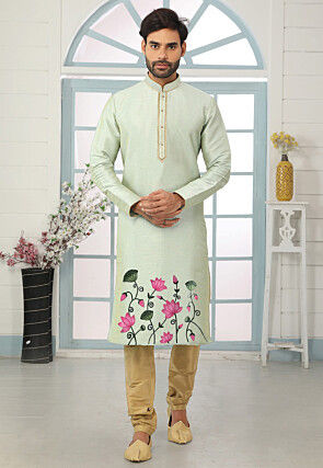 Embroidered Dupion Silk Kurta Set in Pastel Green