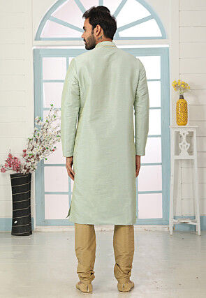 Embroidered Dupion Silk Kurta Set in Pastel Green