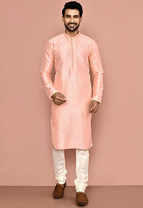 Embroidered Dupion Silk Kurta Set in Peach