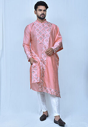Embroidered Dupion Silk Kurta Set in Peach