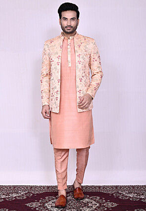 Embroidered Dupion Silk Kurta Set in Peach