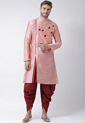 Embroidered Dupion Silk Kurta Set in Peach