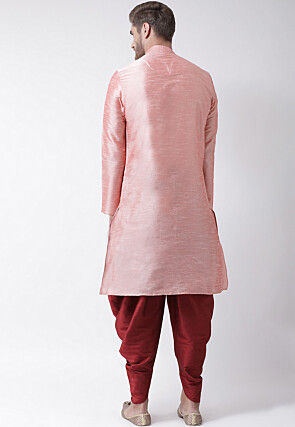Embroidered Dupion Silk Kurta Set in Peach