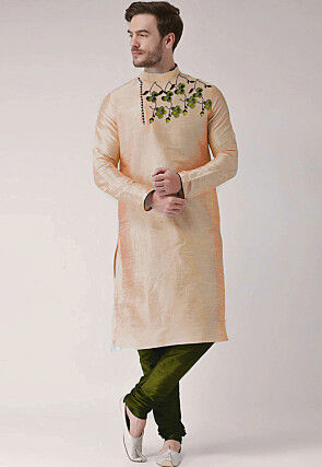 Embroidered Dupion Silk Kurta Set in Peach