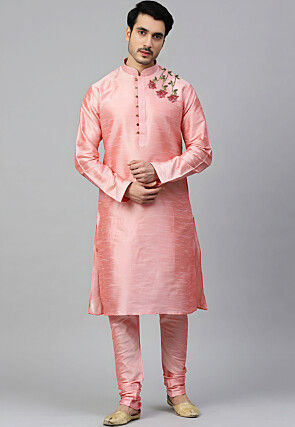 Embroidered Dupion Silk Kurta Set in Peach