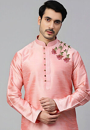 Embroidered Dupion Silk Kurta Set in Peach