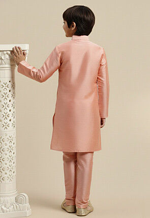 Embroidered Dupion Silk Kurta Set in Peach
