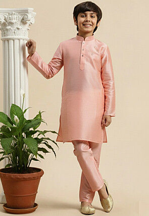 Embroidered Dupion Silk Kurta Set in Peach