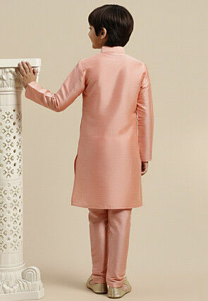 Embroidered Dupion Silk Kurta Set in Peach