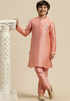 Embroidered Dupion Silk Kurta Set in Peach