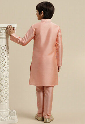 Embroidered Dupion Silk Kurta Set in Peach