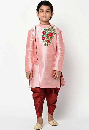 Embroidered Dupion Silk Kurta Set in Peach