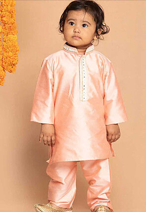 Embroidered Dupion Silk Kurta Set in Peach
