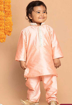Embroidered Dupion Silk Kurta Set in Peach