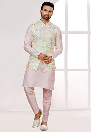 Embroidered Dupion Silk Kurta Set in Pink and Off White