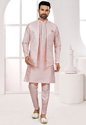 Embroidered Dupion Silk Kurta Set in Pink