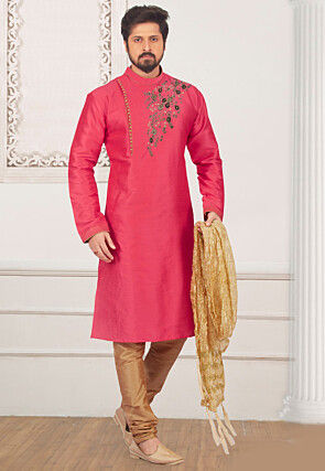 Embroidered Dupion Silk Kurta Set in Pink