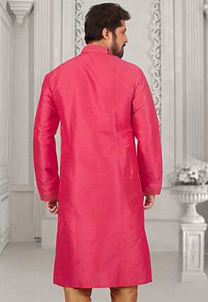 Embroidered Dupion Silk Kurta Set in Pink