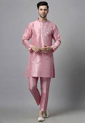Embroidered Dupion Silk Kurta Set in Pink
